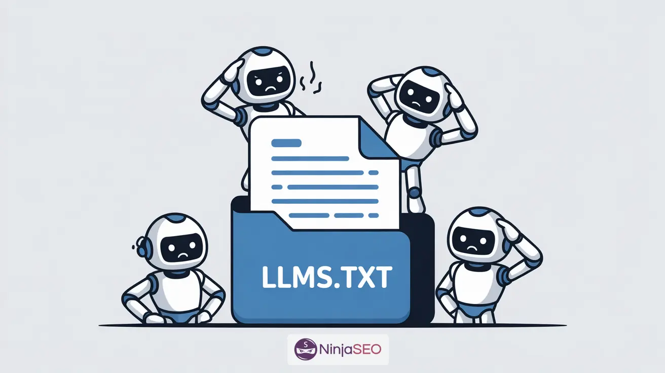Cuatro robots confundidos rodean una carpeta azul etiquetada como LLMS.TXT, mostrando signos de incertidumbre.